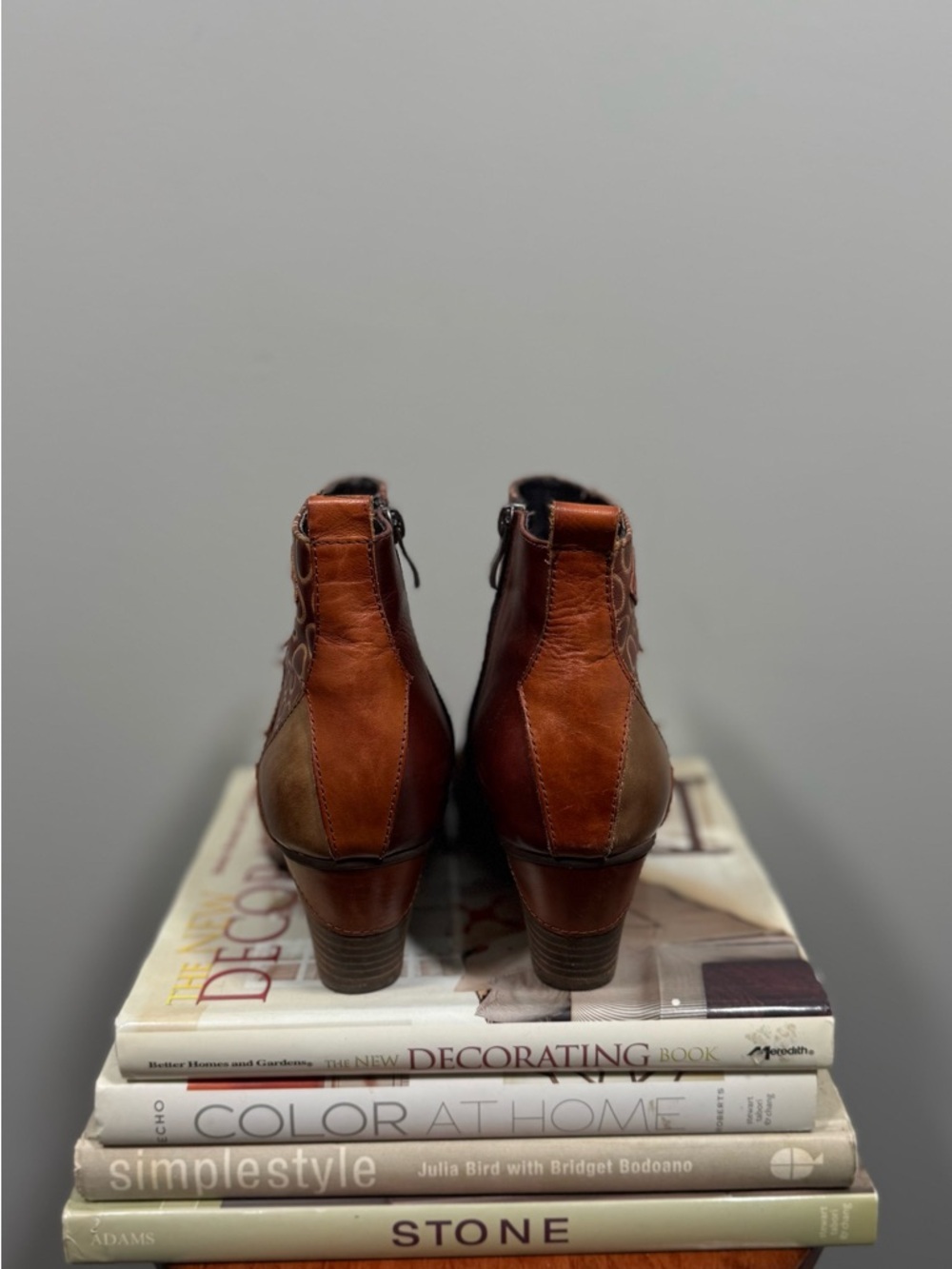 Women's Cognac Leather Ankle Booties with Decorative Cutouts - Picture 9 of 16
